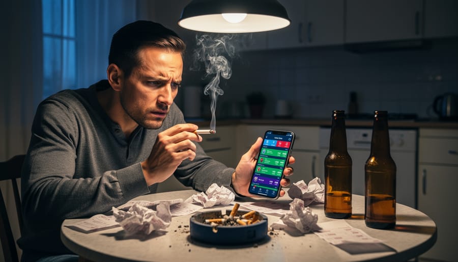 Close-up of person's tense hands gripping chair armrests showing physical signs of stress