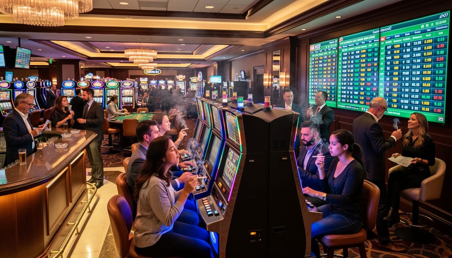 Interior of sports betting venue showing betting screens and smoking area