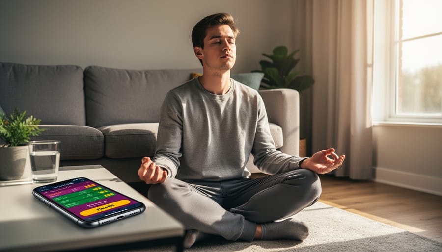 Person practicing breathing exercises outdoors as healthy stress management technique
