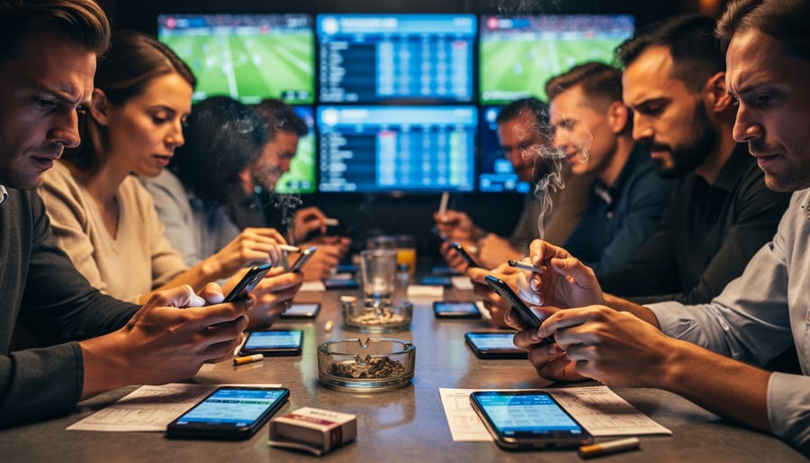 Person using sports betting app on smartphone with cigarette burning in nearby ashtray