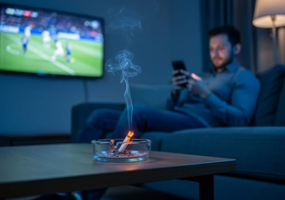 Lit cigarette in a glass ashtray beside a person holding a smartphone, with a blurred sports game on a television in the background.