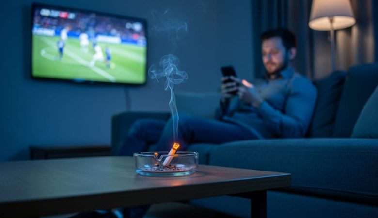 Lit cigarette in a glass ashtray beside a person holding a smartphone, with a blurred sports game on a television in the background.