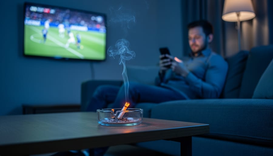 Lit cigarette in a glass ashtray beside a person holding a smartphone, with a blurred sports game on a television in the background.