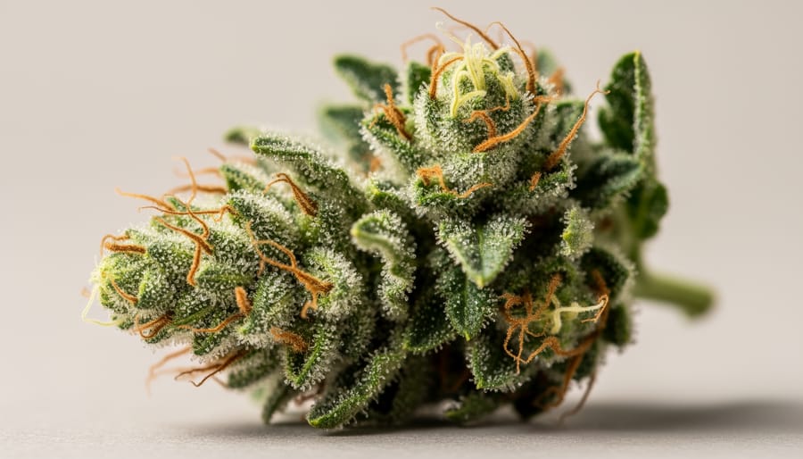Close-up of cannabis flower buds with visible trichomes on a dark surface under soft natural light