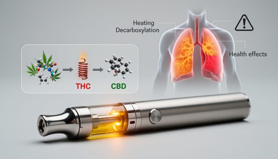 Hand holding a vape device with a glowing heating element visible in a vaporizer chamber