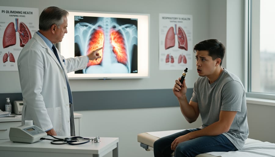 Person in a clinic hallway with a cautious breathing posture under soft daylight