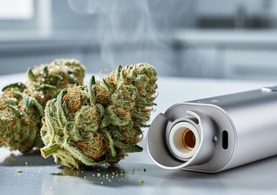 “THCa-rich cannabis flower buds with visible trichomes next to a sleek vaporizer device in soft natural light.”