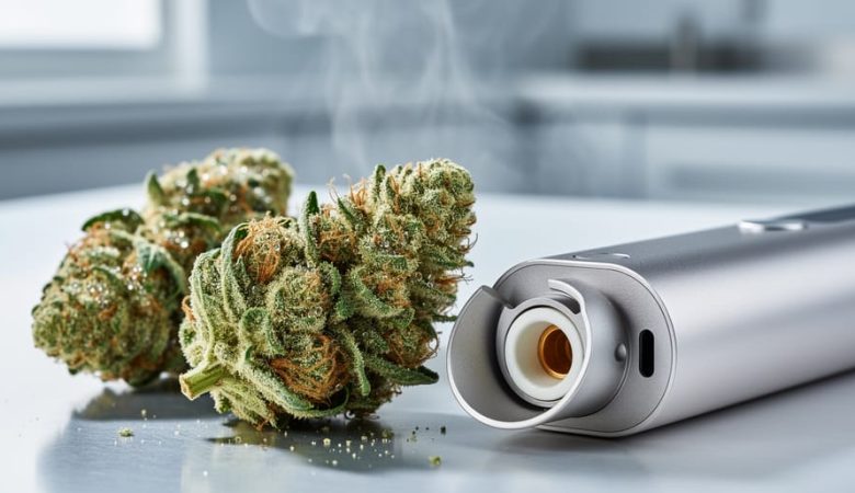 “THCa-rich cannabis flower buds with visible trichomes next to a sleek vaporizer device in soft natural light.”