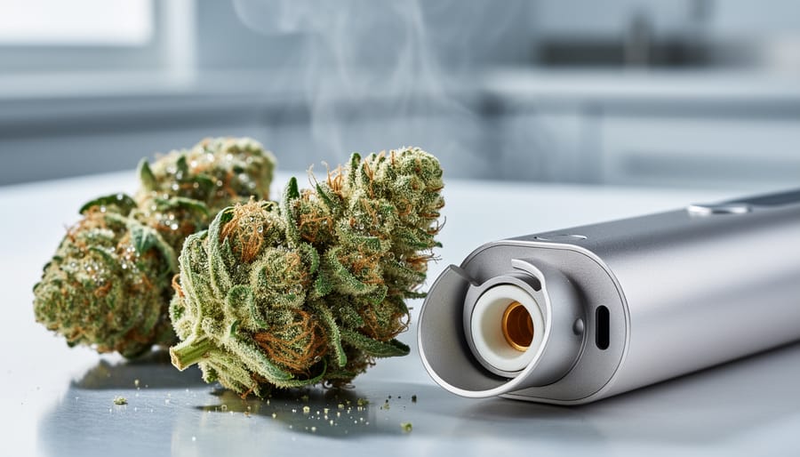 “THCa-rich cannabis flower buds with visible trichomes next to a sleek vaporizer device in soft natural light.”